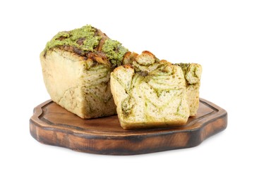 Photo of Serving board with freshly baked pesto bread isolated on white