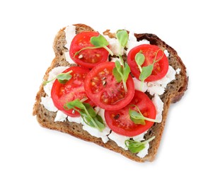 Photo of Delicious sandwich with cherry tomatoes, microgreens and cheese on white background, top view
