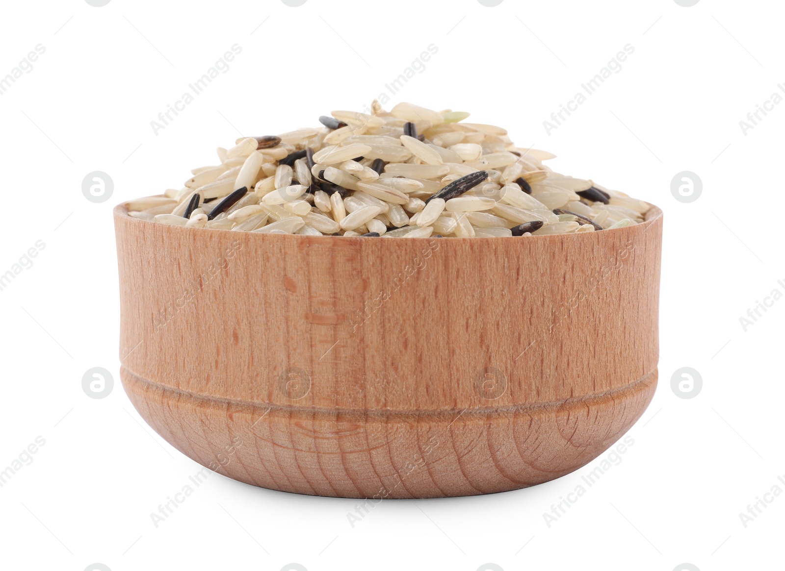 Photo of Bowl with raw unpolished rice isolated on white