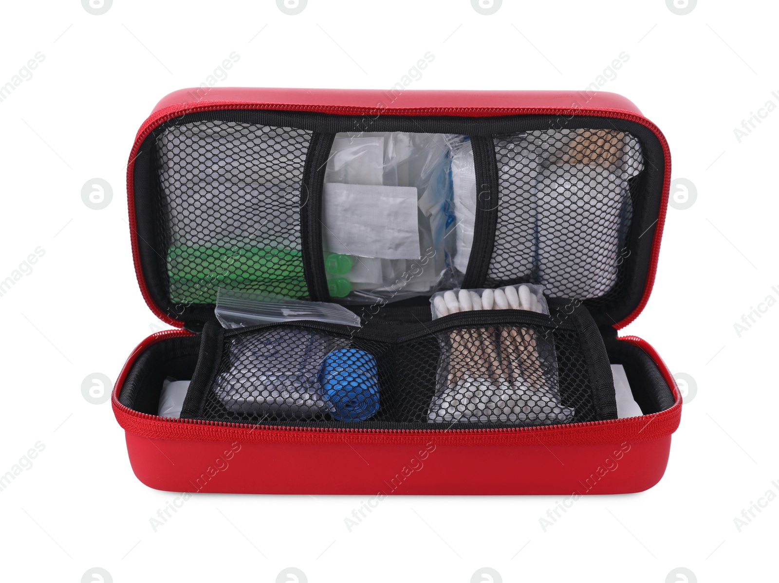 Photo of Red first aid kit with cotton buds and elastic bandage isolated on white