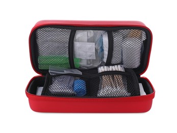 Photo of Red first aid kit with cotton buds and elastic bandage isolated on white