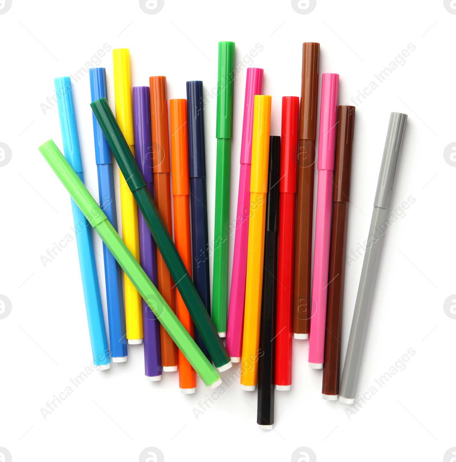 Photo of Many bright markers isolated on white, top view