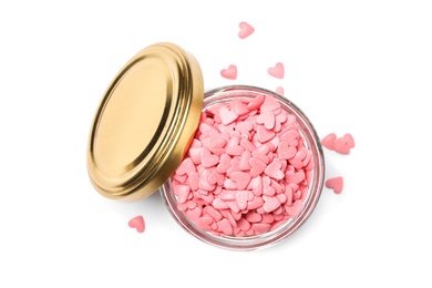 Photo of Sweet candy hearts in jar on white background, top view