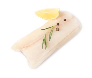 Photo of Piece of raw cod fish, rosemary, peppercorns and lemon isolated on white, top view