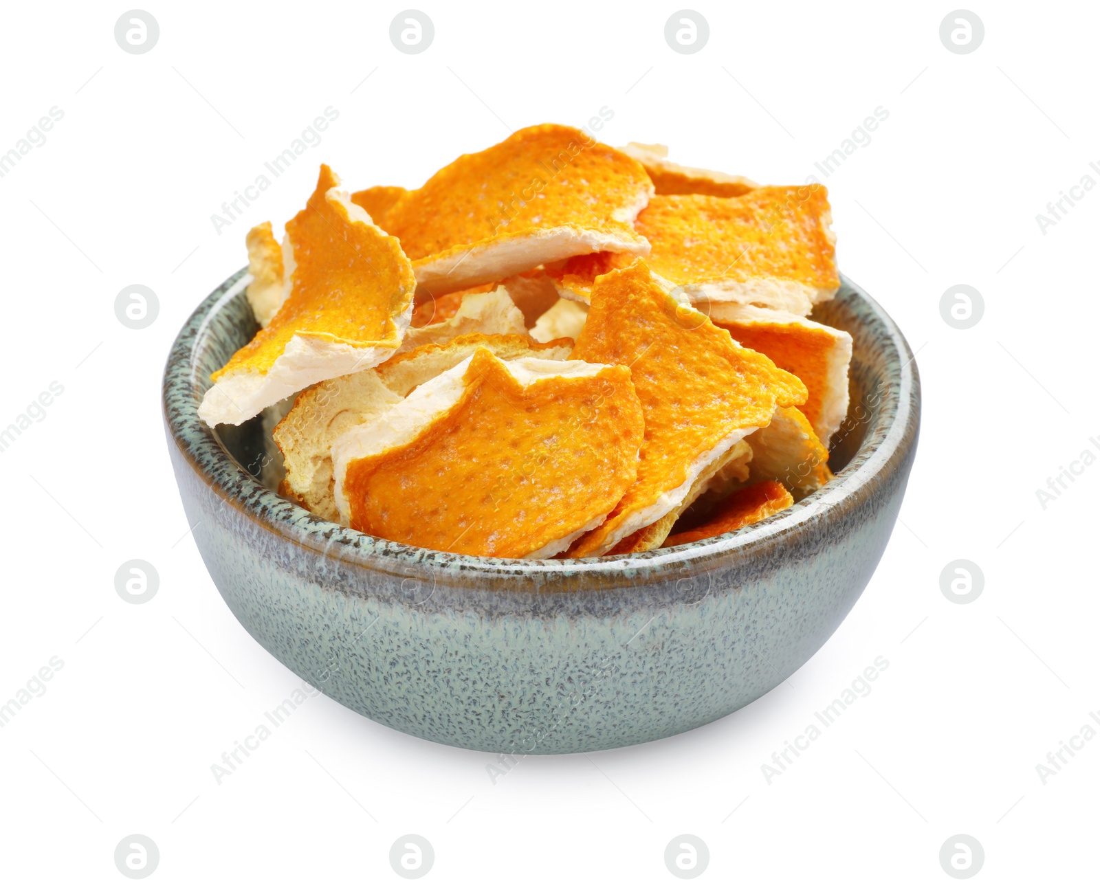 Photo of Dry orange peels in bowl isolated on white