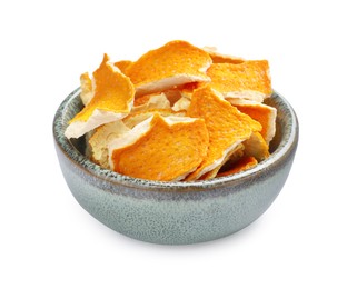 Dry orange peels in bowl isolated on white