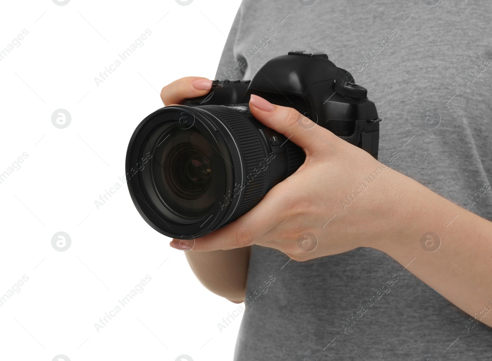 Photo of Photographer with camera on white background, closeup