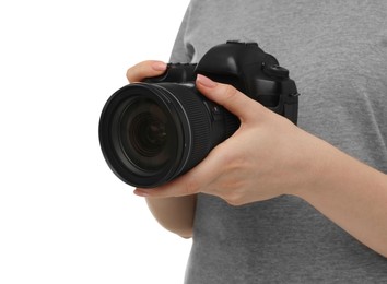 Photo of Photographer with camera on white background, closeup