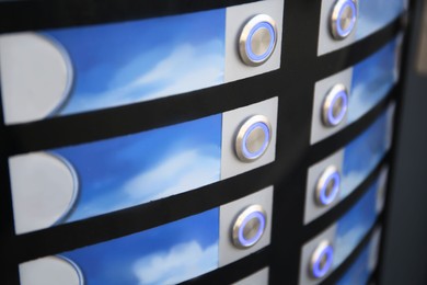 Photo of Coffee vending machine with different types of drinks, closeup