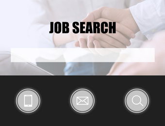 Job hunting. Search bar and people shaking hands on background