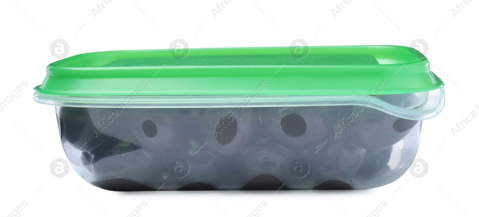 Photo of Fresh black olives in plastic container isolated on white