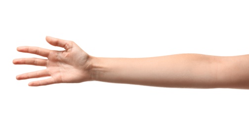 Photo of Young woman reaching hand for shake on white background, closeup