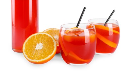 Aperol spritz cocktail, straws and orange slices in glasses isolated on white