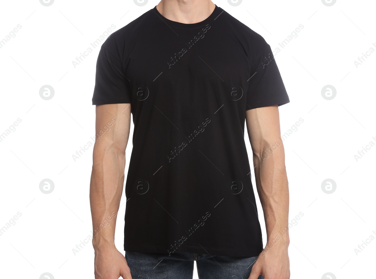 Photo of Man wearing black t-shirt on white background, closeup. Mockup for design