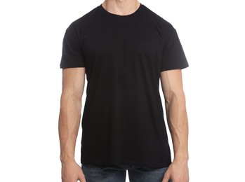 Photo of Man wearing black t-shirt on white background, closeup. Mockup for design