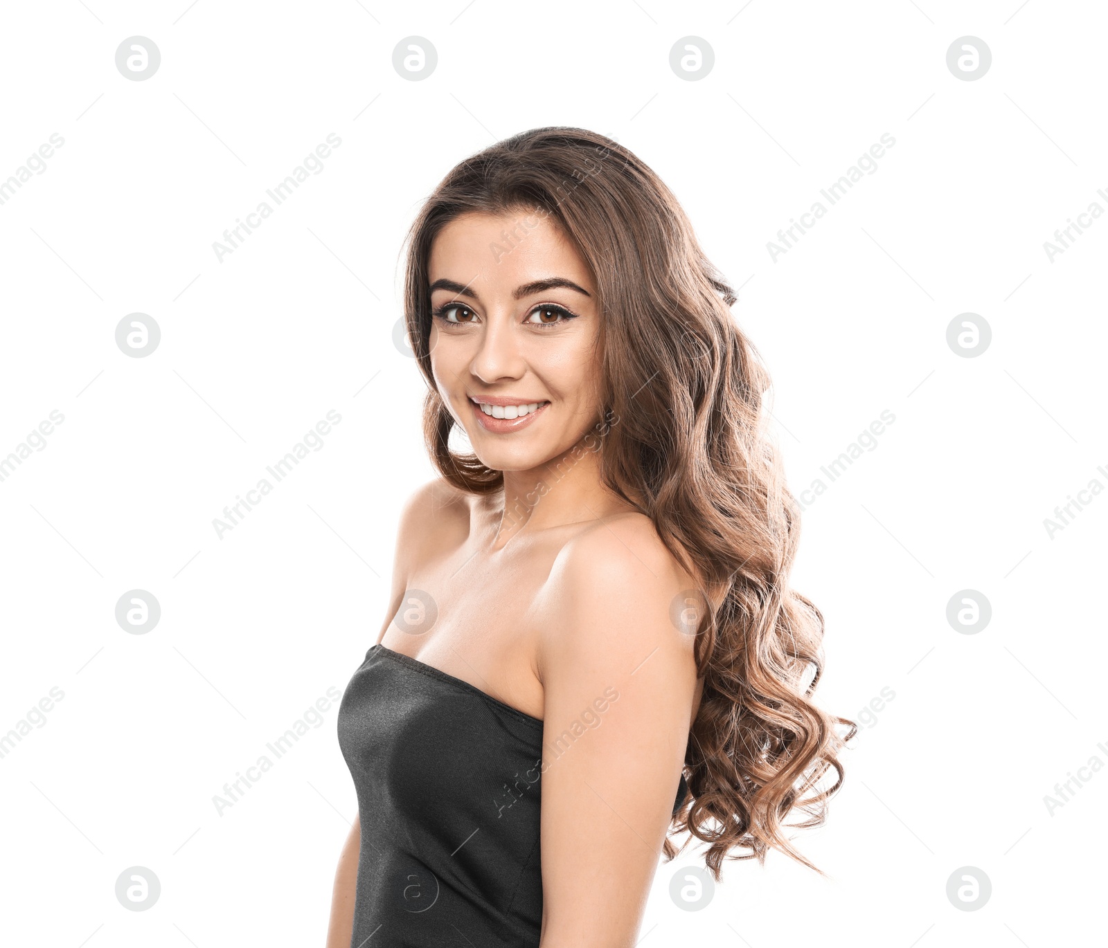 Photo of Beautiful woman with shiny wavy hair on white background