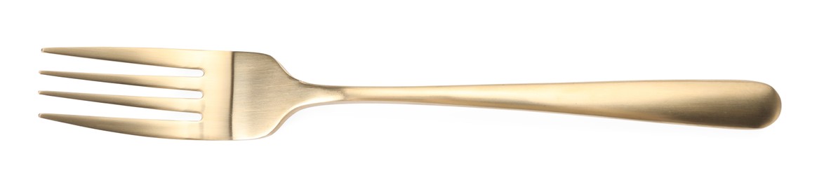 Photo of One shiny golden fork isolated on white, top view