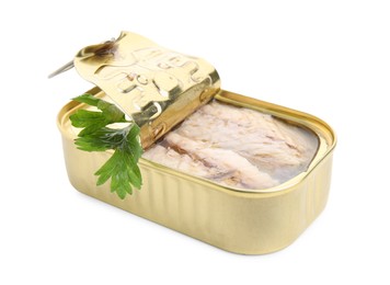 Photo of Open tin can with mackerel fillets and parsley on white background