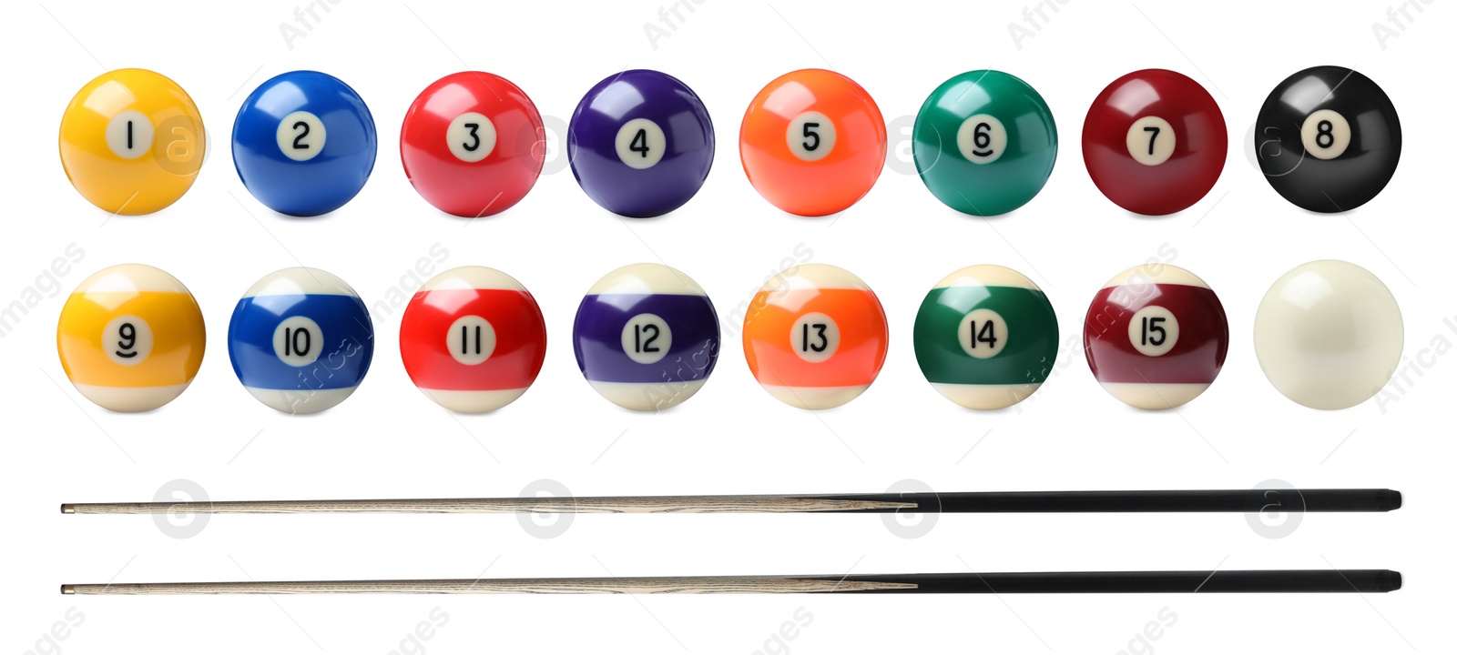 Image of Set with billiard balls and wooden cues on white background. Banner design