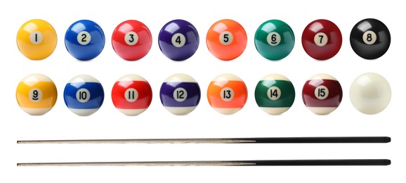Image of Set with billiard balls and wooden cues on white background. Banner design