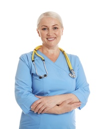 Photo of Portrait of female doctor in scrubs isolated on white. Medical staff