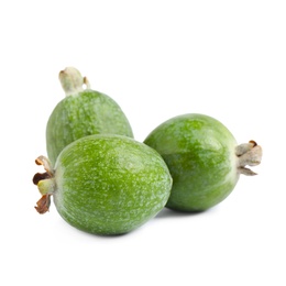 Photo of Delicious fresh feijoa fruits on white background