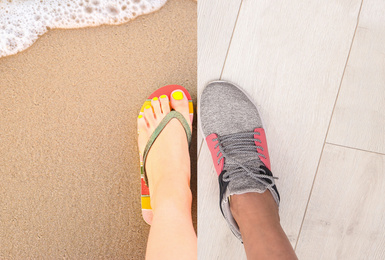 Image of Woman in different shoes, closeup. Concept of balance between work and life 