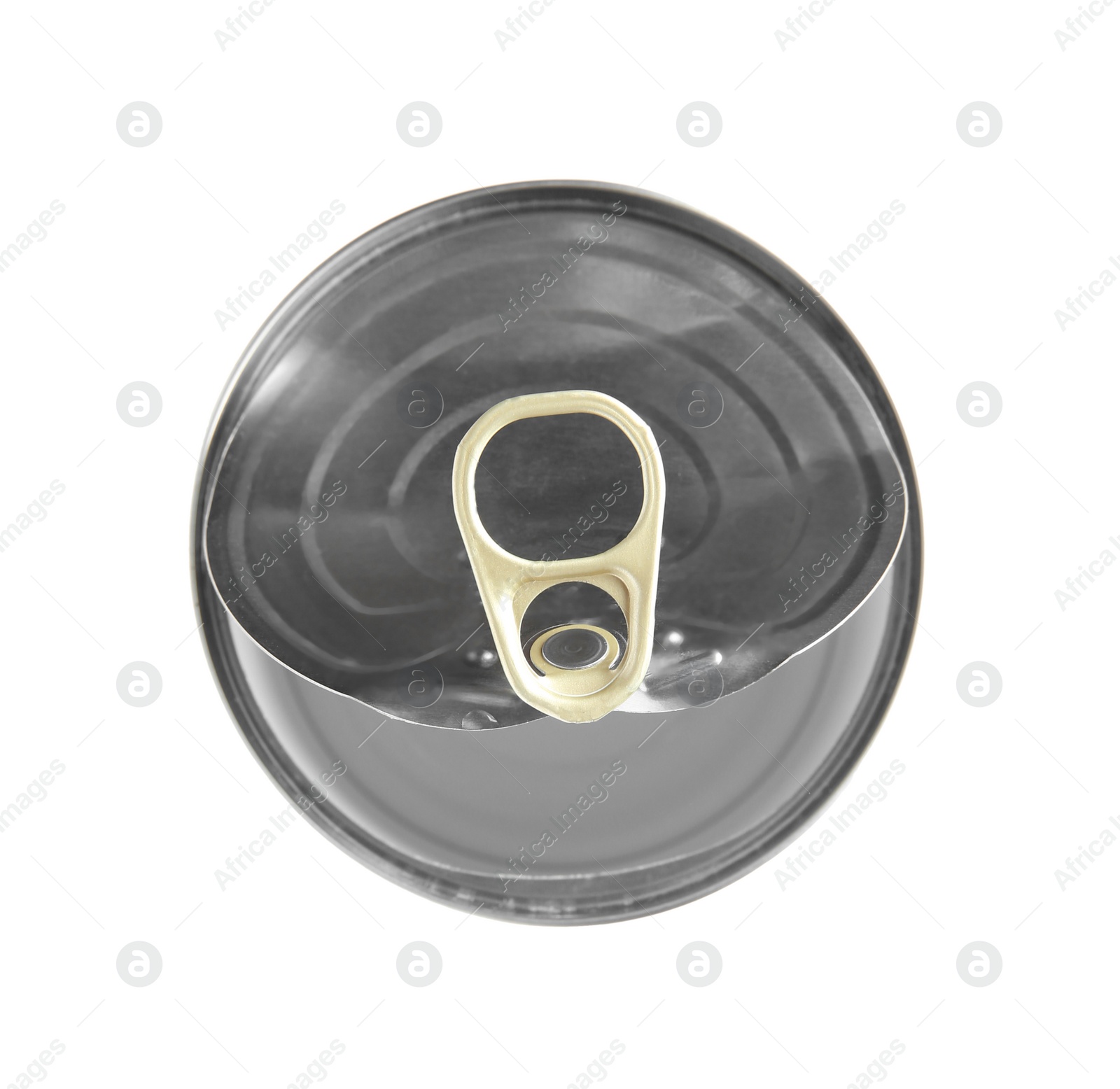 Photo of Open tin can isolated on white, top view