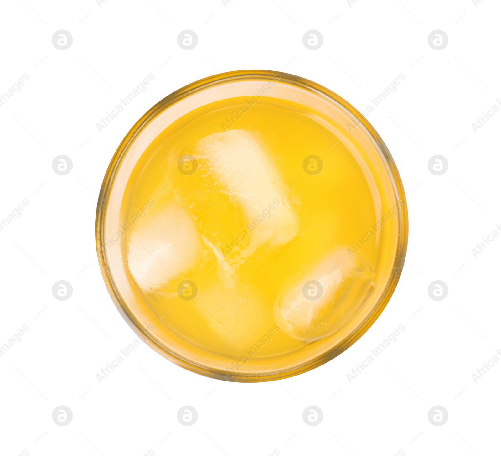 Photo of Glass of orange soda water with ice cubes isolated on white, top view