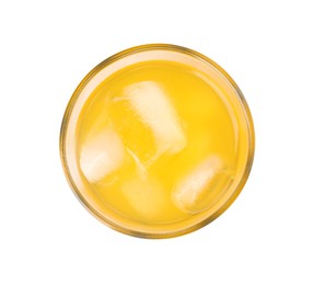 Photo of Glass of orange soda water with ice cubes isolated on white, top view