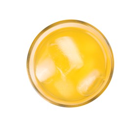 Glass of orange soda water with ice cubes isolated on white, top view