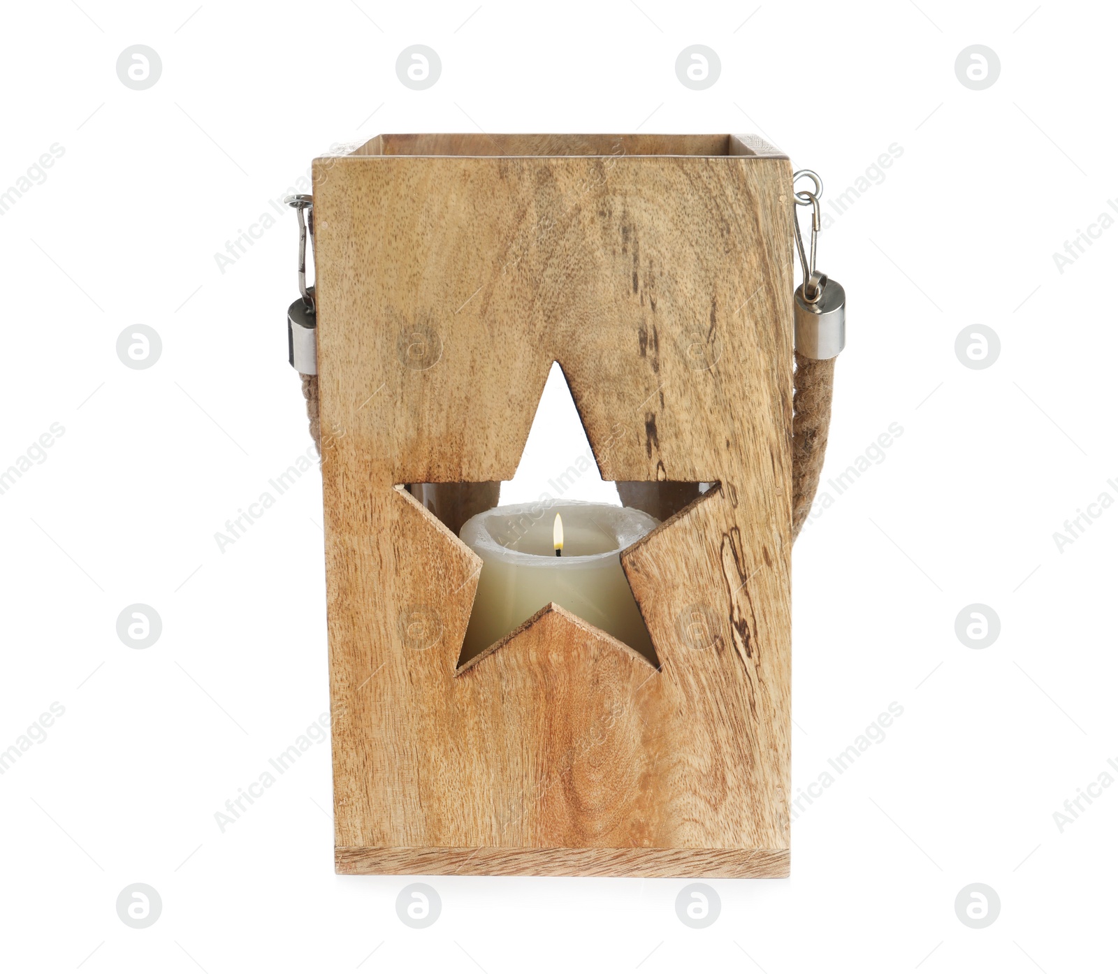 Photo of Wooden Christmas lantern with burning candle isolated on white