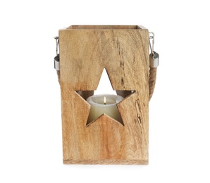 Wooden Christmas lantern with burning candle isolated on white