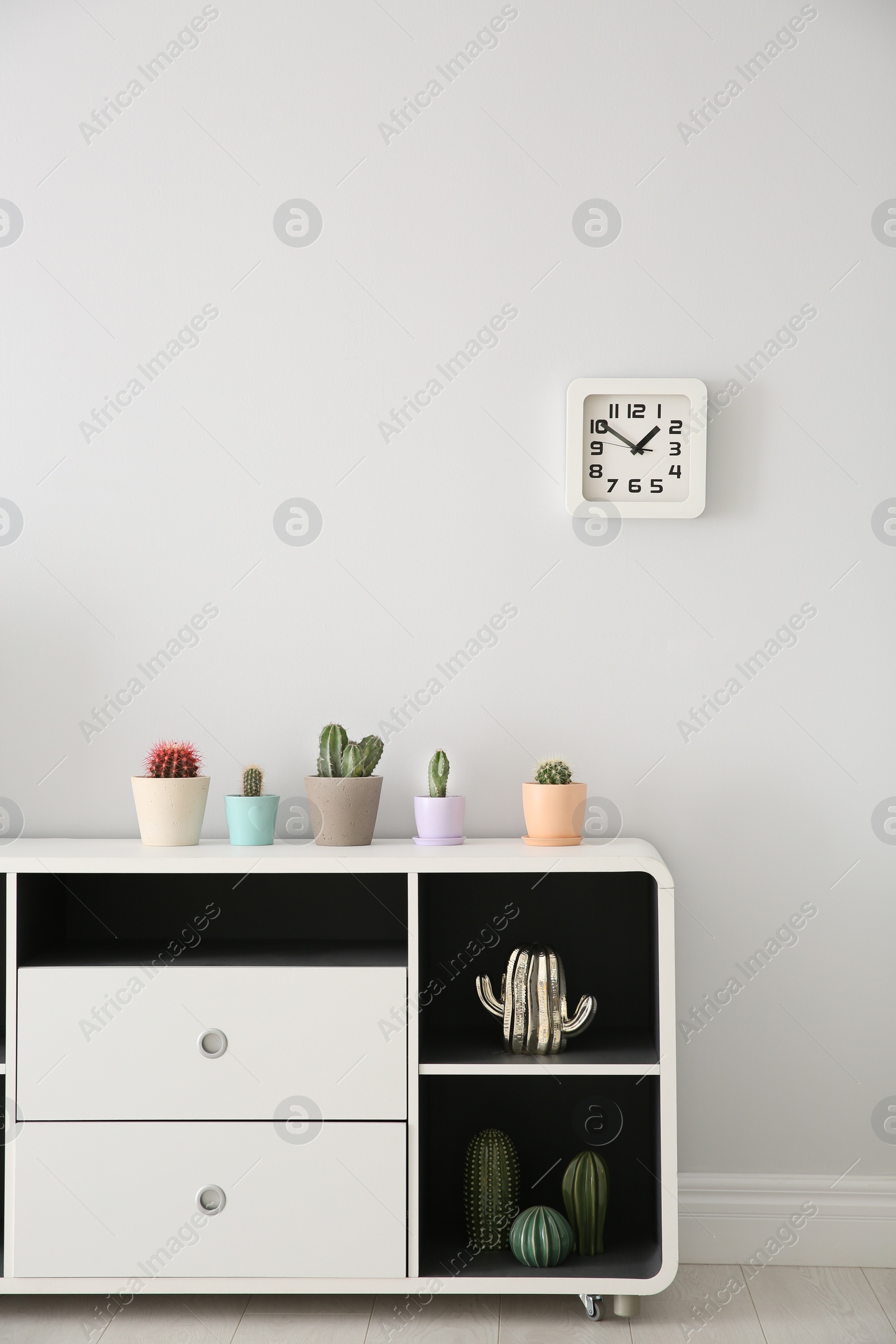 Photo of Beautiful cacti in flowerpots on white cabinet indoors