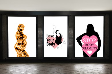 Image of Accept your body and love yourself. Posters with body positive pictures on dark wall