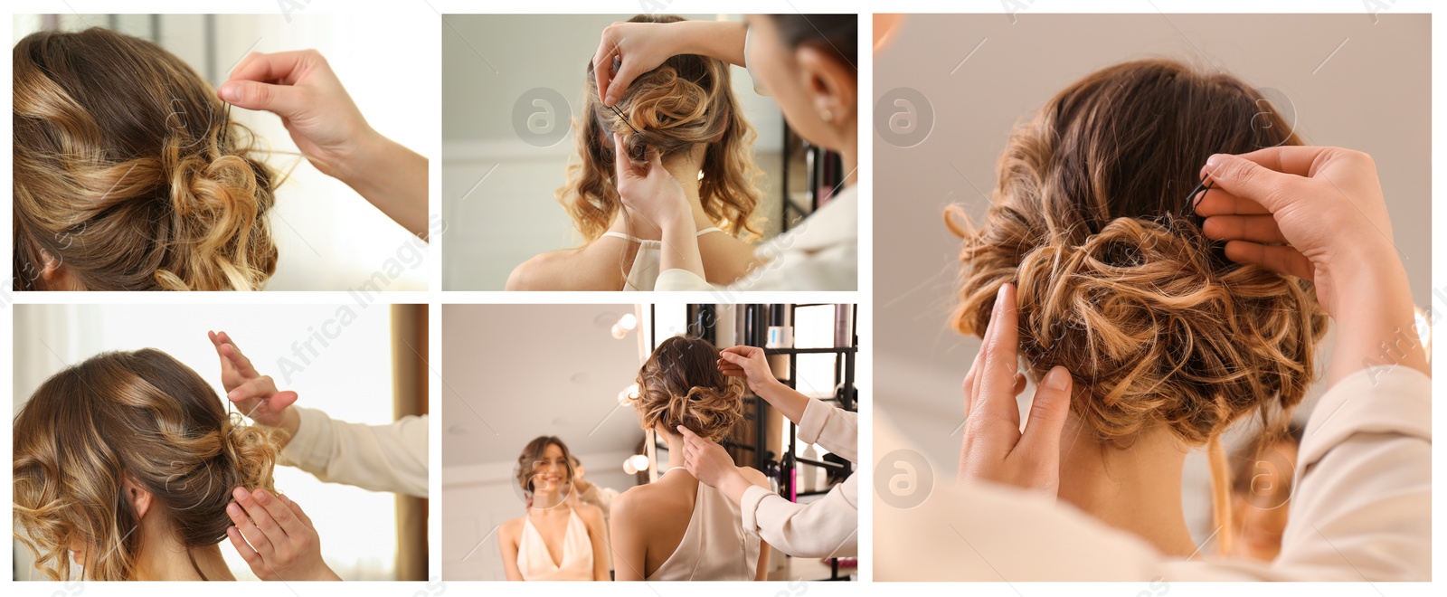 Image of Hair styling process. Collage with photos of hairdresser and woman in salon