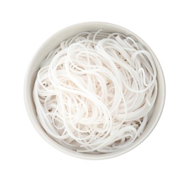 Bowl with cooked rice noodles isolated on white, top view