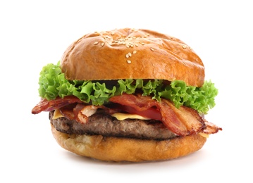 Photo of Delicious burger with bacon on white background