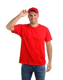 Photo of Happy man in red cap and tshirt on white background. Mockup for design