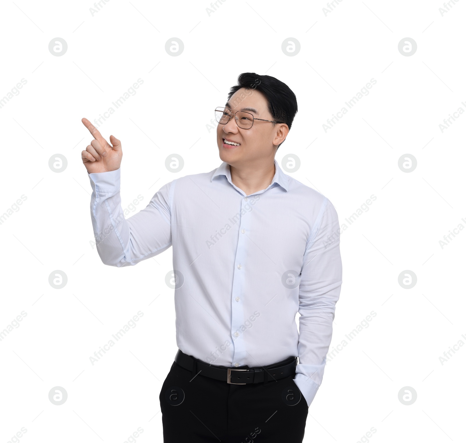 Photo of Businessman in formal clothes pointing at something on white background