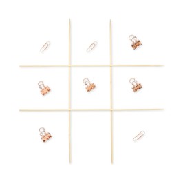 Tic tac toe game made with paper clips isolated on white, top view