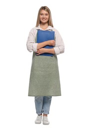 Photo of Beautiful young woman in clean apron with clipboard on white background