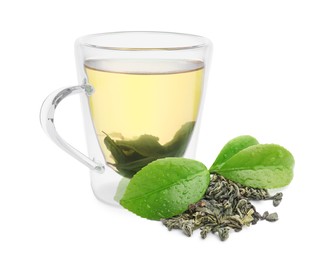 Image of Green tea in glass cup, fresh and dried leaves isolated on white