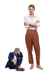 Image of Giant woman and sad small man on white background