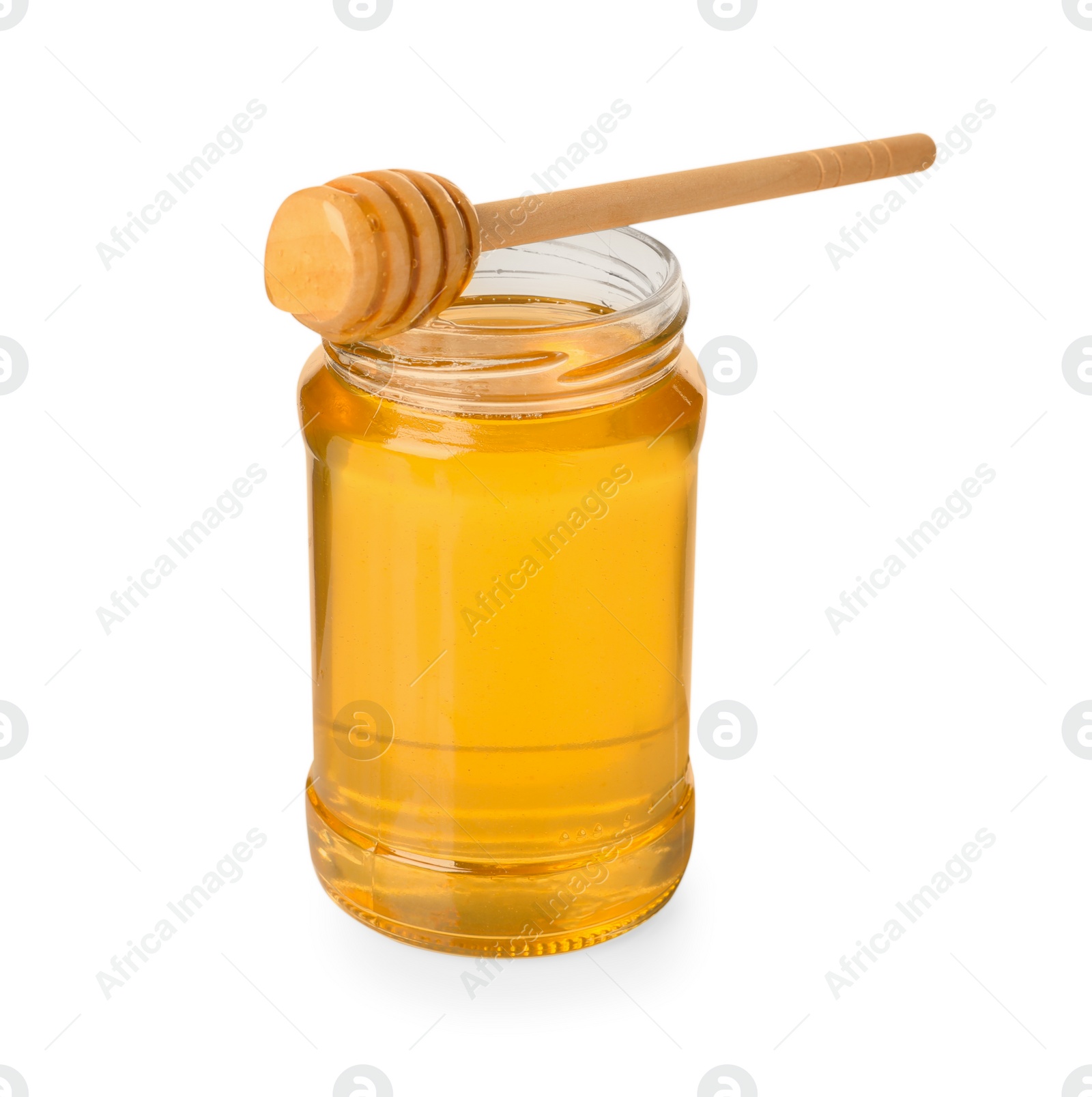 Photo of Tasty honey in glass jar and dipper isolated on white