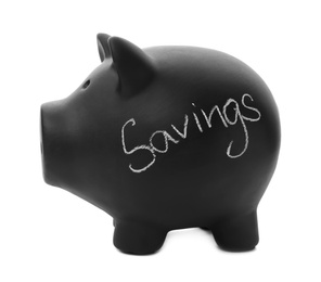 Photo of Black piggy bank with word SAVINGS on white background