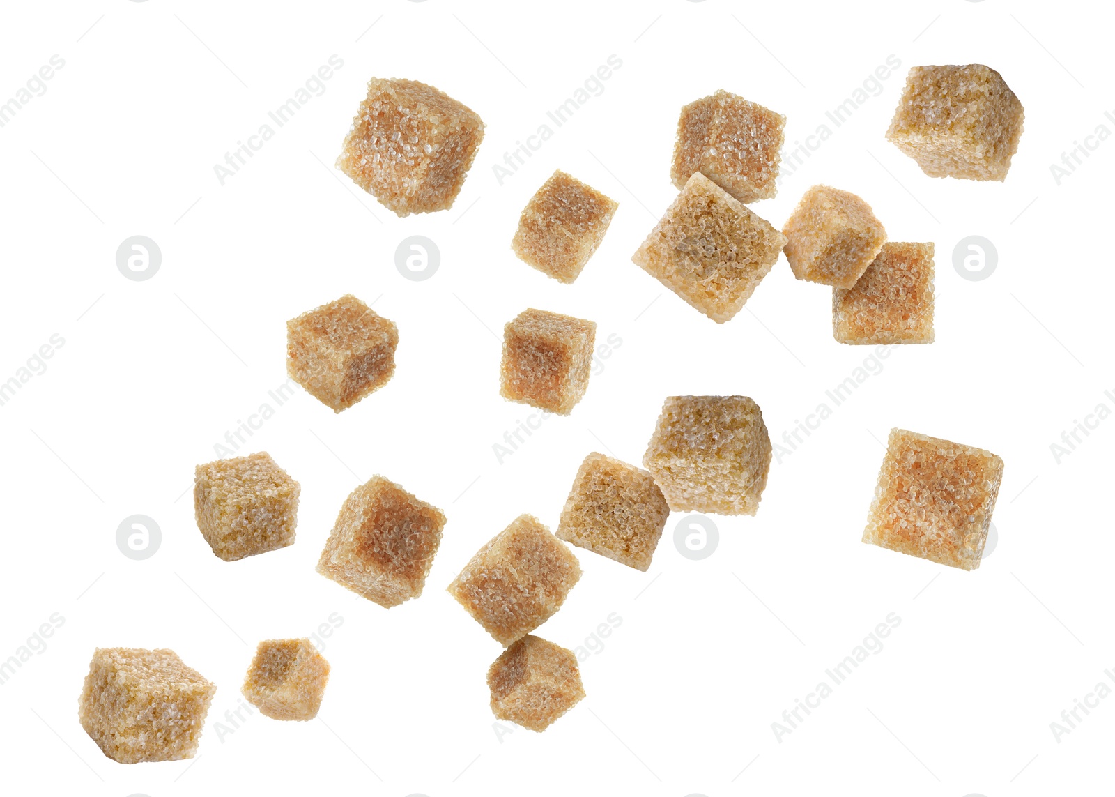 Image of Brown cane sugar cubes falling on white background