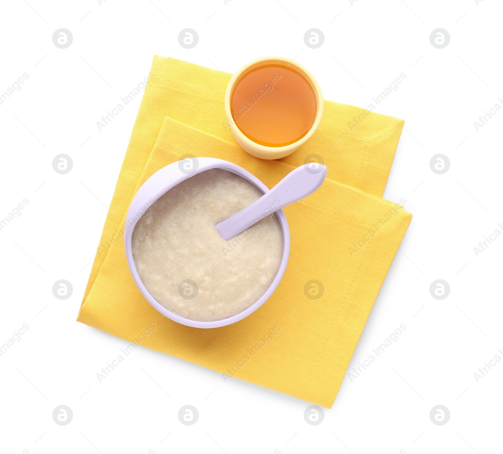 Photo of Healthy baby food in bowl and cup with drink on white background, top view