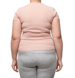 Photo of Overweight woman on white background, back view