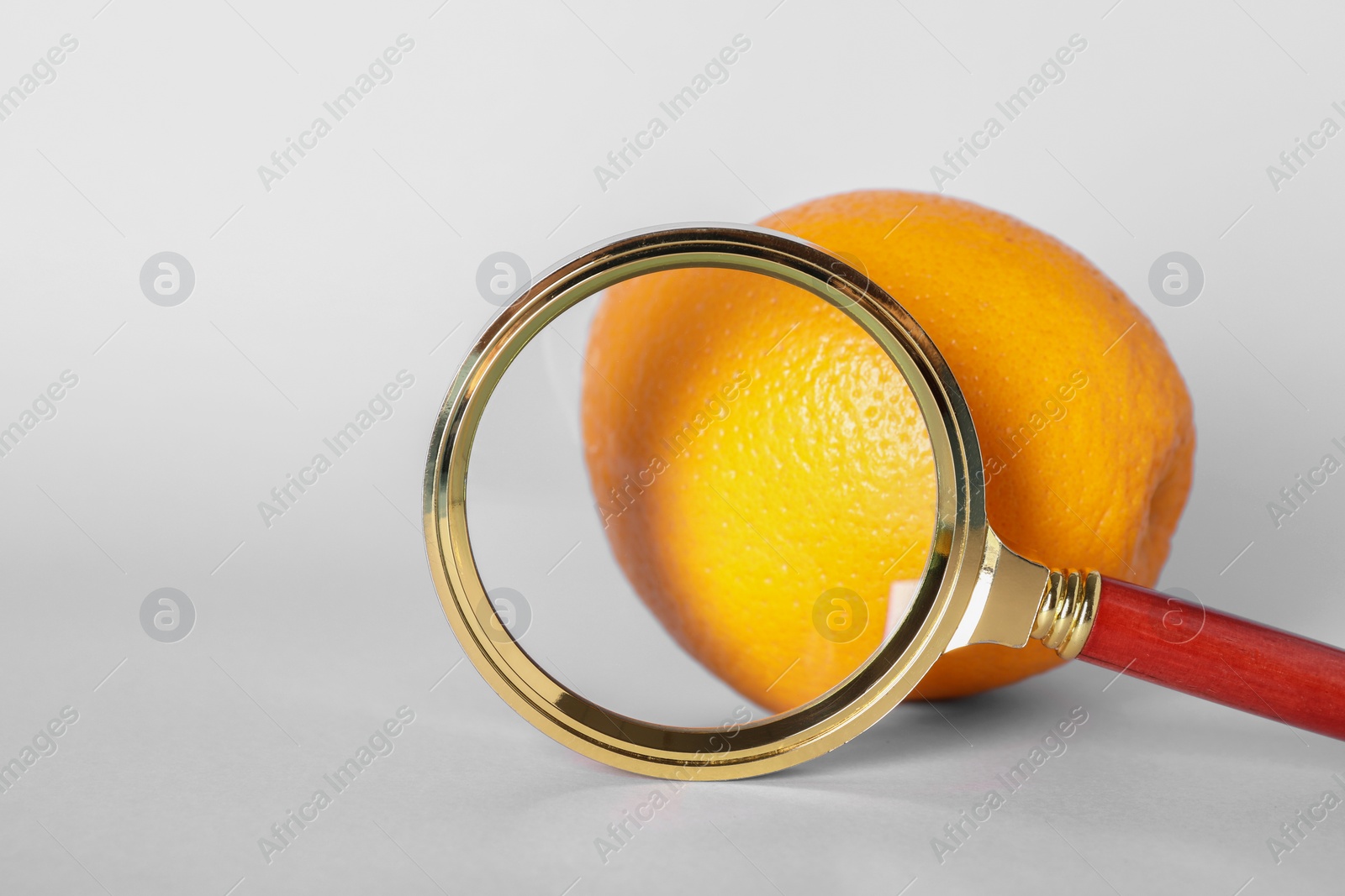 Photo of Cellulite problem. Orange and magnifying glass on light grey background, space for text